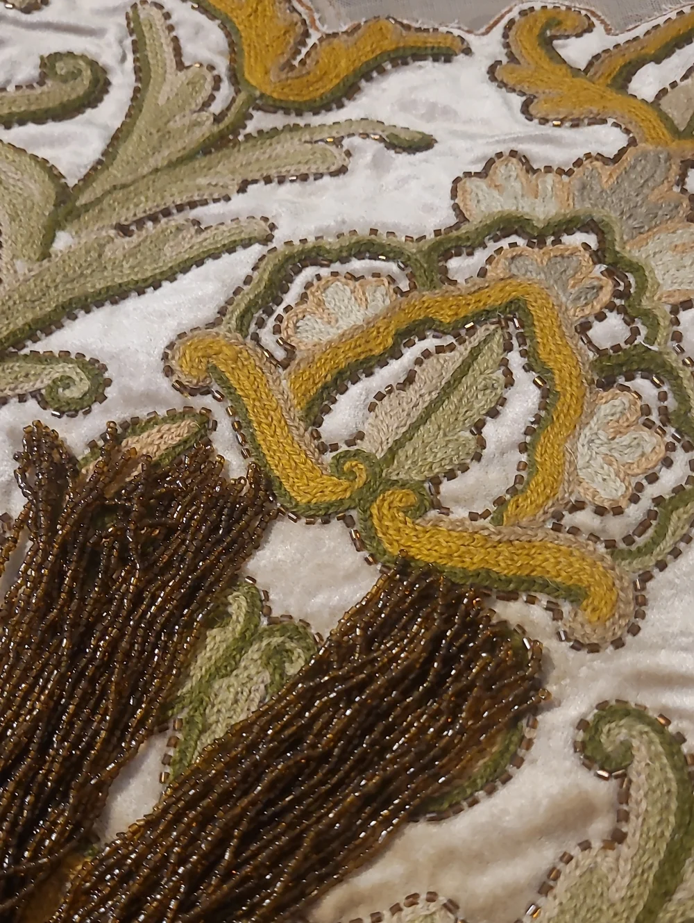 Vintage Rectangular Velvet Embroidered Mesh Glass Beads Tassels Tablecloth 86×42